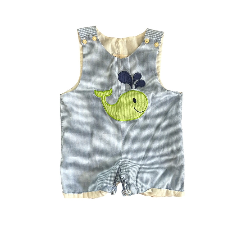 Babeeni‎ 2T VTG Blue Gingham Whale Romper Sleeveless Cotton One Piece Kids Boys